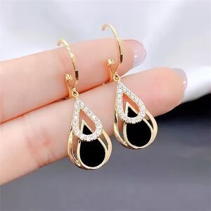 Hollow Gold Crystal Teardrop Dangle Earrings Black Enamel Drop Pendant Hoops New